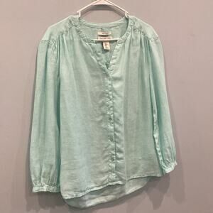 Rachel Zoe Womens Linen Shirt Size Small Sage Green Blue Beachy Coastal Top